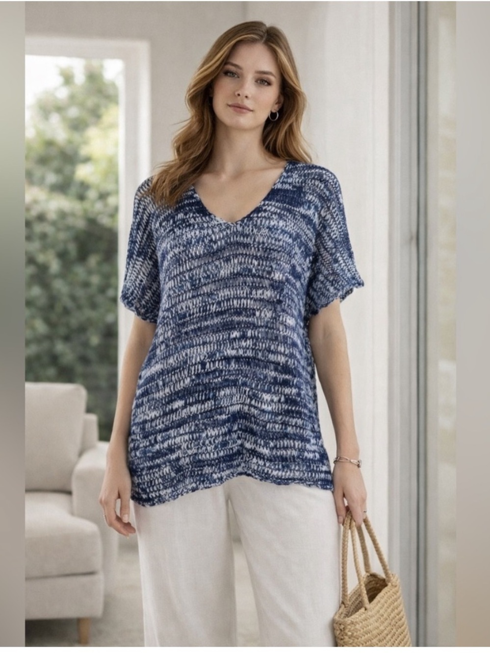 Eileen Fisher Open Knit Blue White Short Sleeve Top Size L Cotton Blend